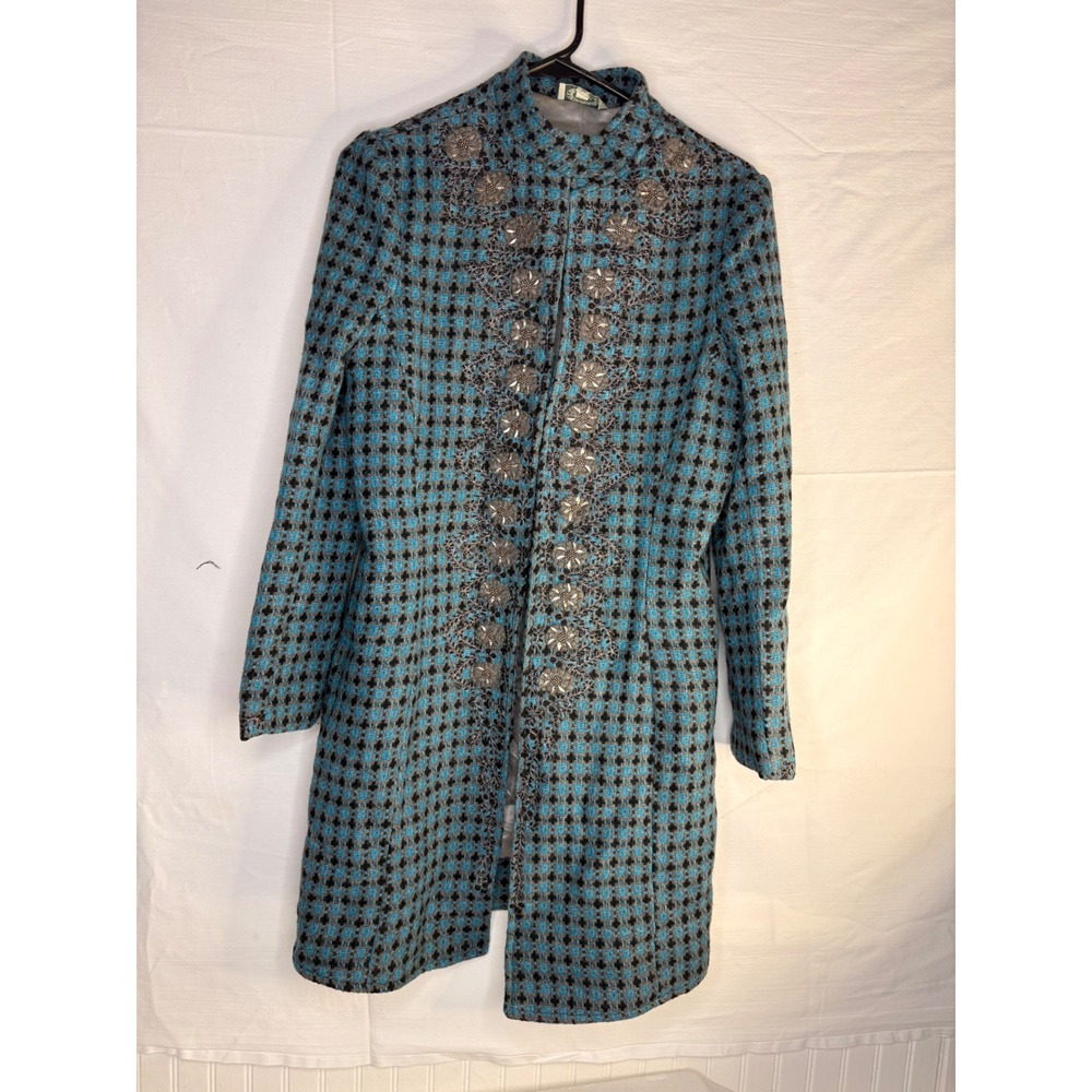 Joolay Womens Blue Black Geometric 100% Wool Embroidered Longline Coat Size M